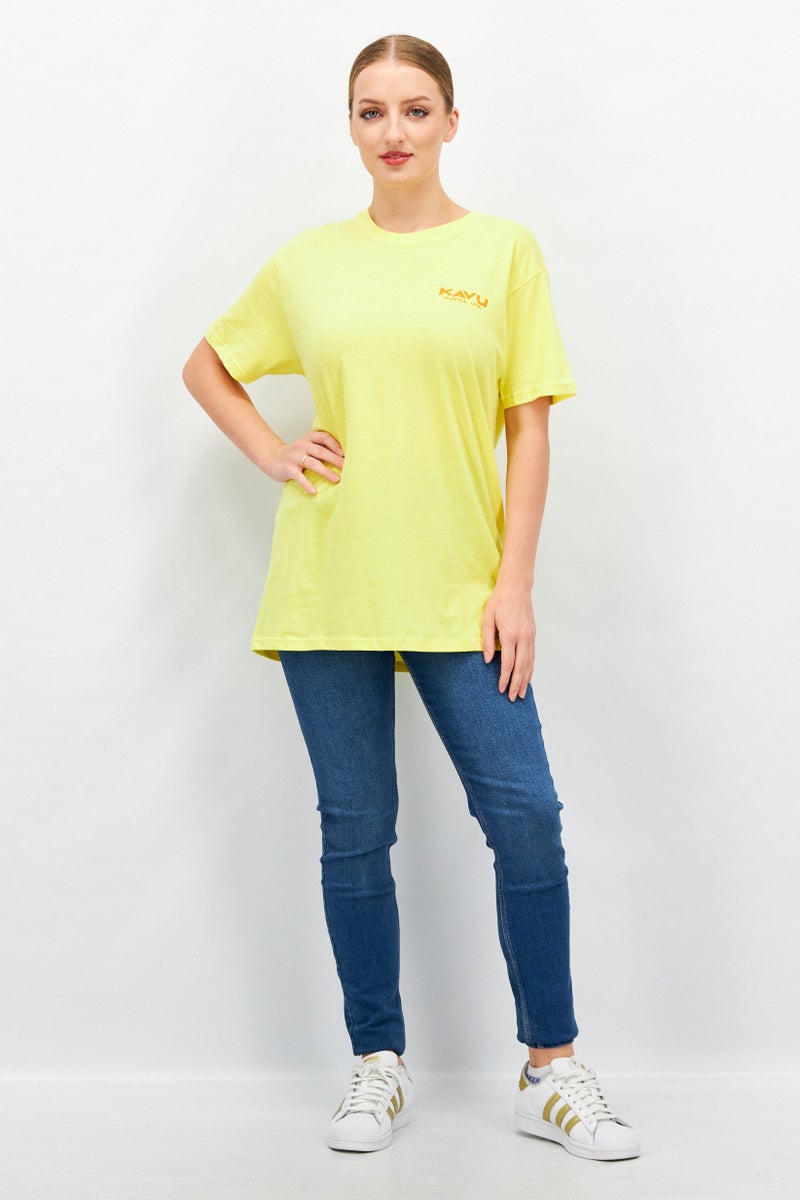 KAVU Women Round Neck Short Sleeves Embroidered Logo T-Shirt, Yellow - Image 4