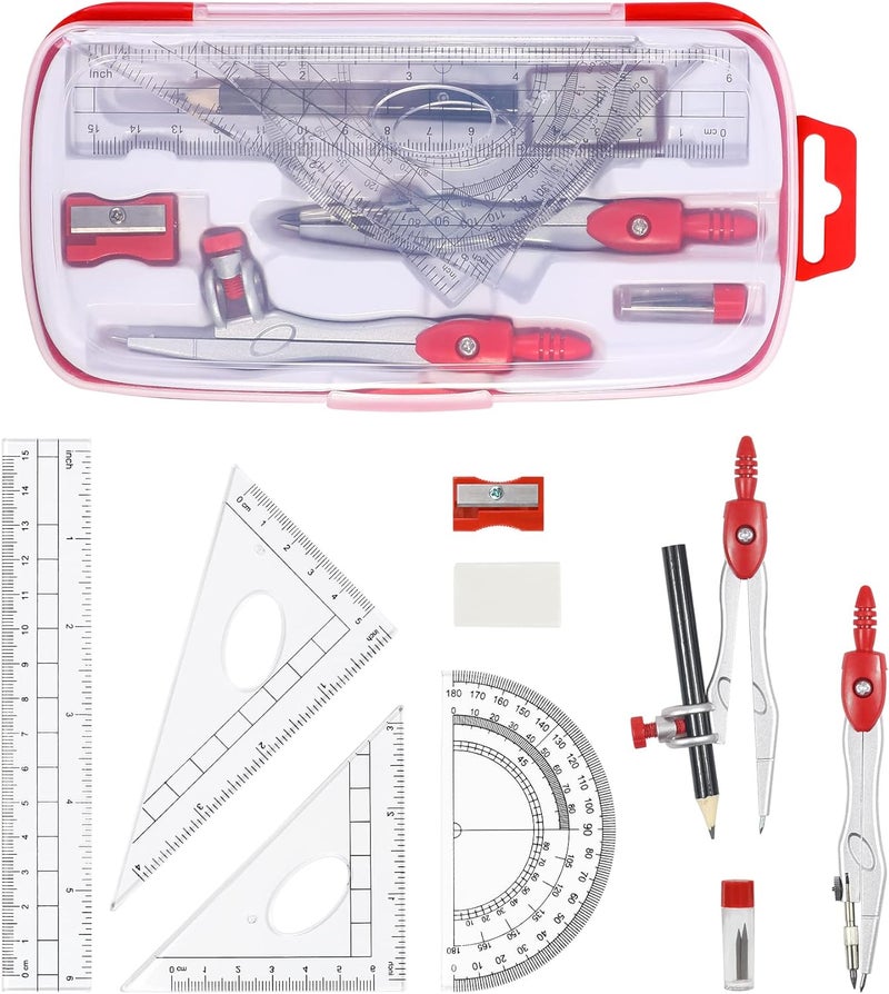 Unjoo Math Geometry Kit Sets 10 Piece Student Supplies with Shatterproof Storage Box,Includes Rulers,Protractor,Compass,Eraser,Pencil Sharpener,Lead Refills,Pencil,for Drafting and Drawings（Red） - Image 2