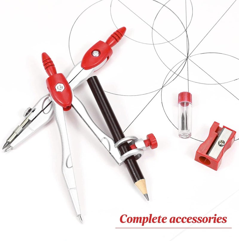 Unjoo Math Geometry Kit Sets 10 Piece Student Supplies with Shatterproof Storage Box,Includes Rulers,Protractor,Compass,Eraser,Pencil Sharpener,Lead Refills,Pencil,for Drafting and Drawings（Red） - Image 5