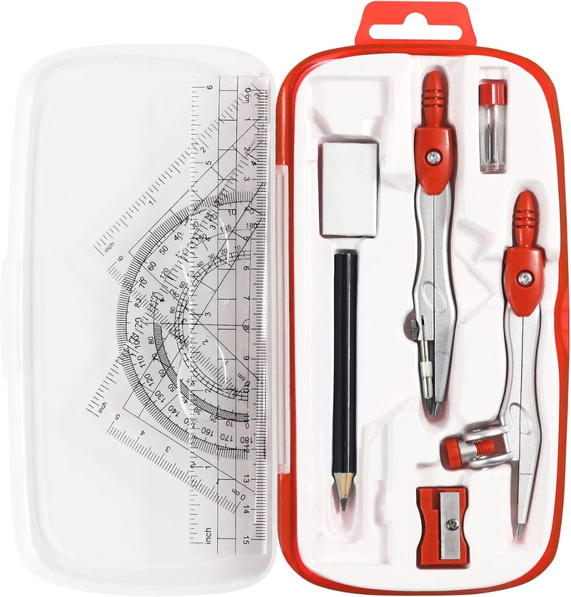 Unjoo Math Geometry Kit Sets 10 Piece Student Supplies with Shatterproof Storage Box,Includes Rulers,Protractor,Compass,Eraser,Pencil Sharpener,Lead Refills,Pencil,for Drafting and Drawings（Red） - Image 1