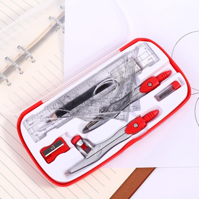Unjoo Math Geometry Kit Sets 10 Piece Student Supplies with Shatterproof Storage Box,Includes Rulers,Protractor,Compass,Eraser,Pencil Sharpener,Lead Refills,Pencil,for Drafting and Drawings（Red） - Image 3