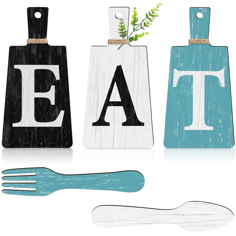 Jetec Cutting Board Eat Sign Set Hanging Art Kitchen Eat Sign Fork and Spoon Wall Decor Rustic Primitive Country Farmhouse Kitchen Decor for Home Decoration(Black  Gray White  Blue Green) - Image 1