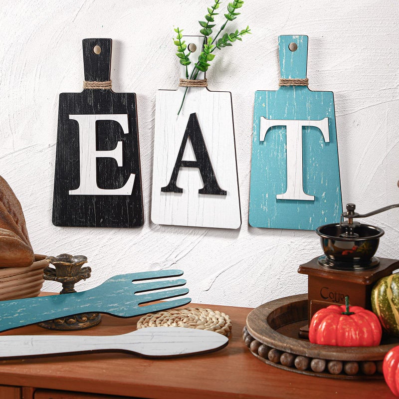 Jetec Cutting Board Eat Sign Set Hanging Art Kitchen Eat Sign Fork and Spoon Wall Decor Rustic Primitive Country Farmhouse Kitchen Decor for Home Decoration(Black  Gray White  Blue Green) - Image 5