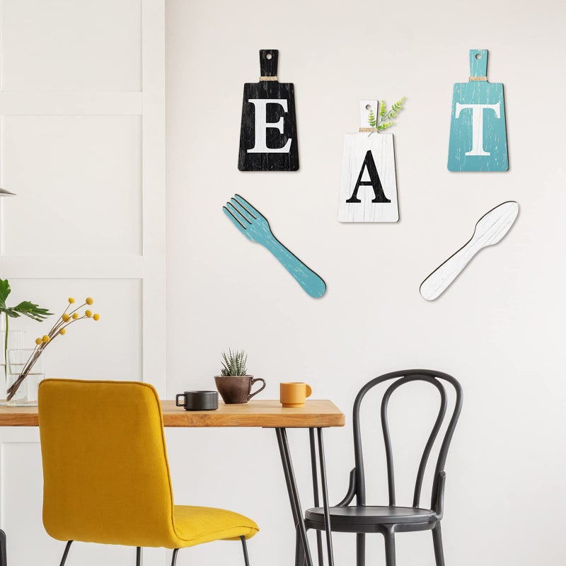 Jetec Cutting Board Eat Sign Set Hanging Art Kitchen Eat Sign Fork and Spoon Wall Decor Rustic Primitive Country Farmhouse Kitchen Decor for Home Decoration(Black  Gray White  Blue Green) - Image 2