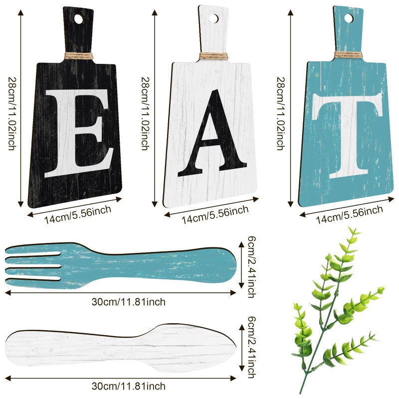 Jetec Cutting Board Eat Sign Set Hanging Art Kitchen Eat Sign Fork and Spoon Wall Decor Rustic Primitive Country Farmhouse Kitchen Decor for Home Decoration(Black  Gray White  Blue Green) - Image 3