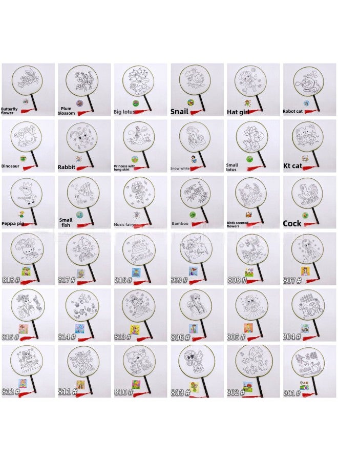 Children's Graffiti Painted Fan Stall Round Fan Kindergarten Diy Painting Palace Fan Cartoon Pattern Coloring Group Fan-Color:Small Lotus  - Image 2