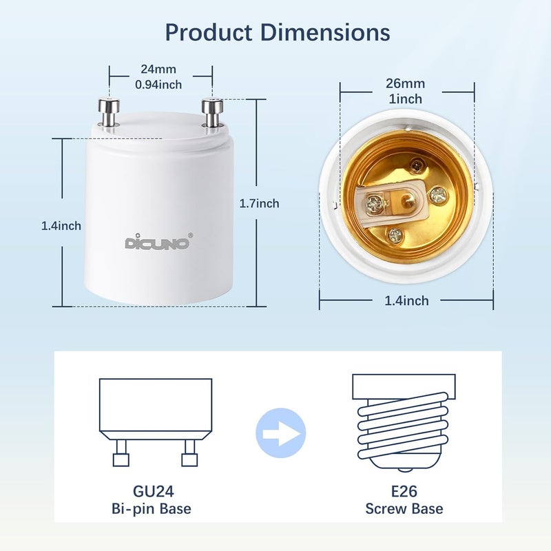 DiCUNO GU24 to E26 Adapter, 160℃ Heat Resistant, Maximum Wattage 200W, GU24 Pin Base to E26 Standard Medium Base Socket Converter, Light Bulb Socket Adapter, 10-Pack - Image 2
