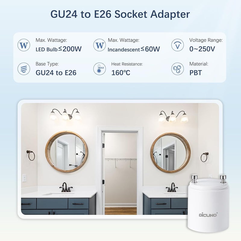 DiCUNO GU24 to E26 Adapter, 160℃ Heat Resistant, Maximum Wattage 200W, GU24 Pin Base to E26 Standard Medium Base Socket Converter, Light Bulb Socket Adapter, 10-Pack - Image 3