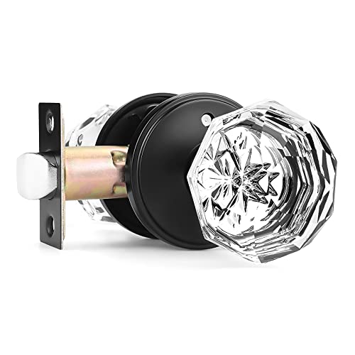 Orger 1 Pack Glass Door Knob with Flat Black Rosette, Bath/Bed Door Knob for Privacy Use, Keyless Interior Door Handle with Diamond Shape Crystal Glass and Zinc Alloy Base - Image 1
