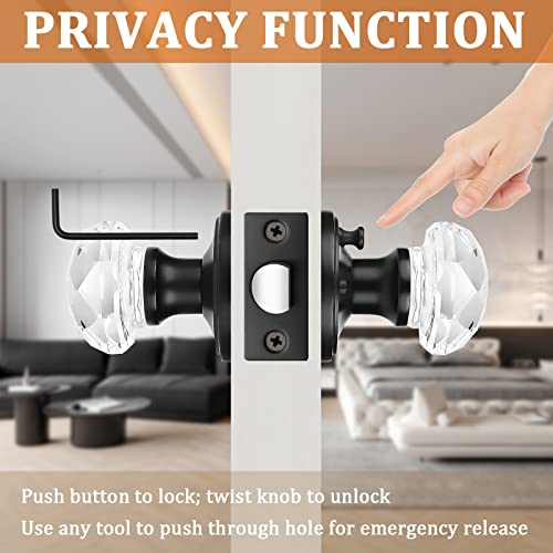 Orger 1 Pack Glass Door Knob with Flat Black Rosette, Bath/Bed Door Knob for Privacy Use, Keyless Interior Door Handle with Diamond Shape Crystal Glass and Zinc Alloy Base - Image 3