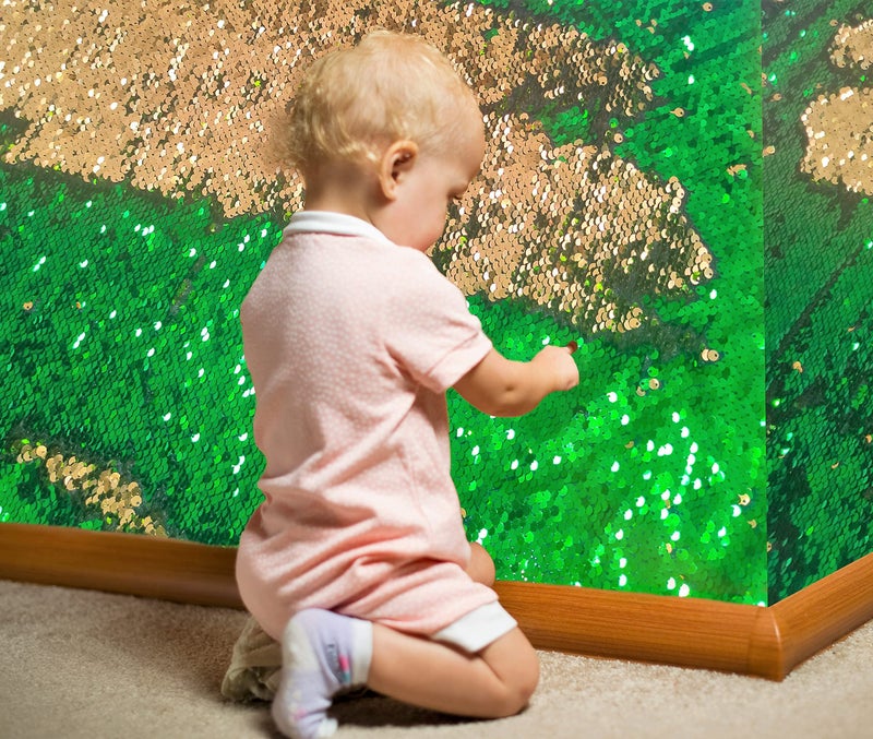 penepico penepico Sensory Wall Sequin Flip Fabric for Kids02 Large Sequins Sensory Sensory Materials Fidget Toys for ToddlersReversible Tactile FabricCalming Corner for Classroom 1 yd Emerald  Gold