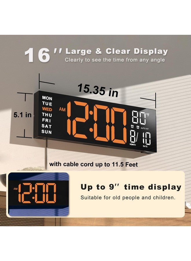 Jall 16" Large Digital Wall Clock Timer, Remote Controll, 2 Alarms, Led Display, 8 Rgb Color, Auto Dst, Temperature For Living Room, Bedroom, Desk, Mounted, Gift For Elderly (Orange White, 16 Inches) - Image 2