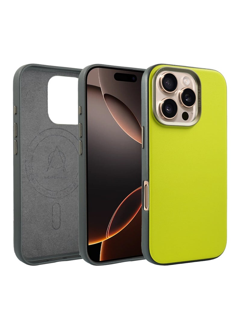 A-CASE - A-Case itsmycase Series Kilyos Made of Lychee Pattern Genuine Leather Case Protection Premium Quality Precise cutouts Compatible with wireless charging For iPhone 16 Pro Series - Lime - Image 1