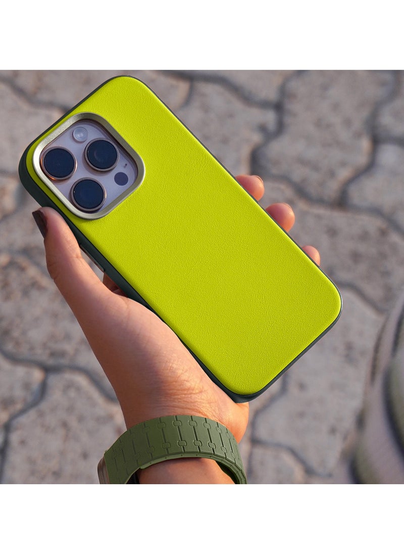 A-CASE - A-Case itsmycase Series Kilyos Made of Lychee Pattern Genuine Leather Case Protection Premium Quality Precise cutouts Compatible with wireless charging For iPhone 16 Pro Series - Lime - Image 1