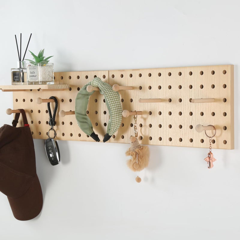 UMICAL Beige Wood Pegboard Modular Display Wooden Pegboard Combination Wall Organizer Storage Wall Hooks Shelf for Home, Office, Bathroom, Comes with 2 Pieces Pegboards - Image 1