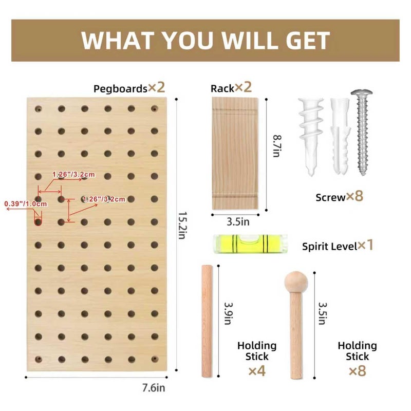 UMICAL Beige Wood Pegboard Modular Display Wooden Pegboard Combination Wall Organizer Storage Wall Hooks Shelf for Home, Office, Bathroom, Comes with 2 Pieces Pegboards - Image 4