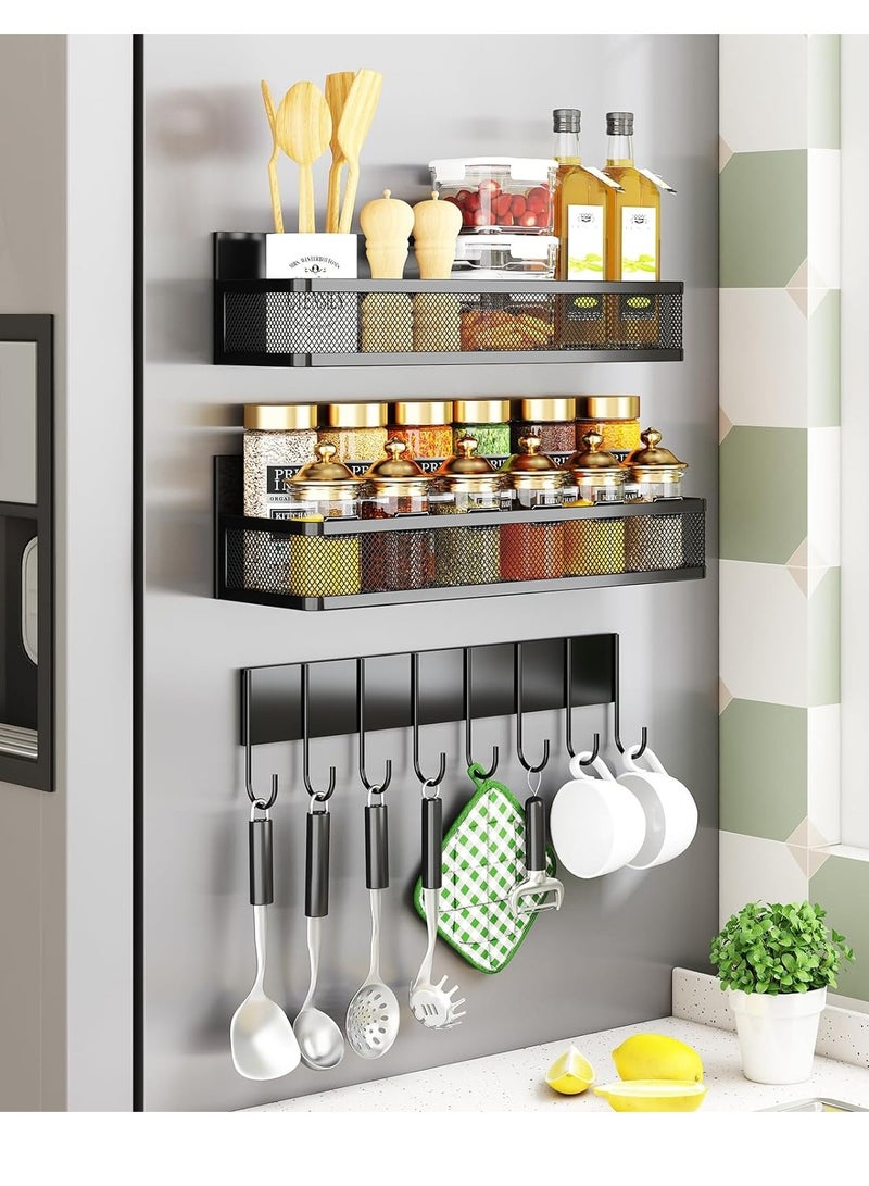 XiuWoo 3 Pack No Drilling Moveable Metal Magnetic Spice Rack, Refrigerator Magnetic Shelf, Fridge Organizer Shelves, Kitchen Storage Rack with 8 Hooks, Traceless Adhesive Sticker Installation Chose  - Image 1