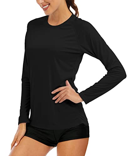 MAGCOMSEN Women's UPF 50+ SPF Long Sleeve Swim Shirt, Fishing & Hiking Rash Guard - Black - Image 1