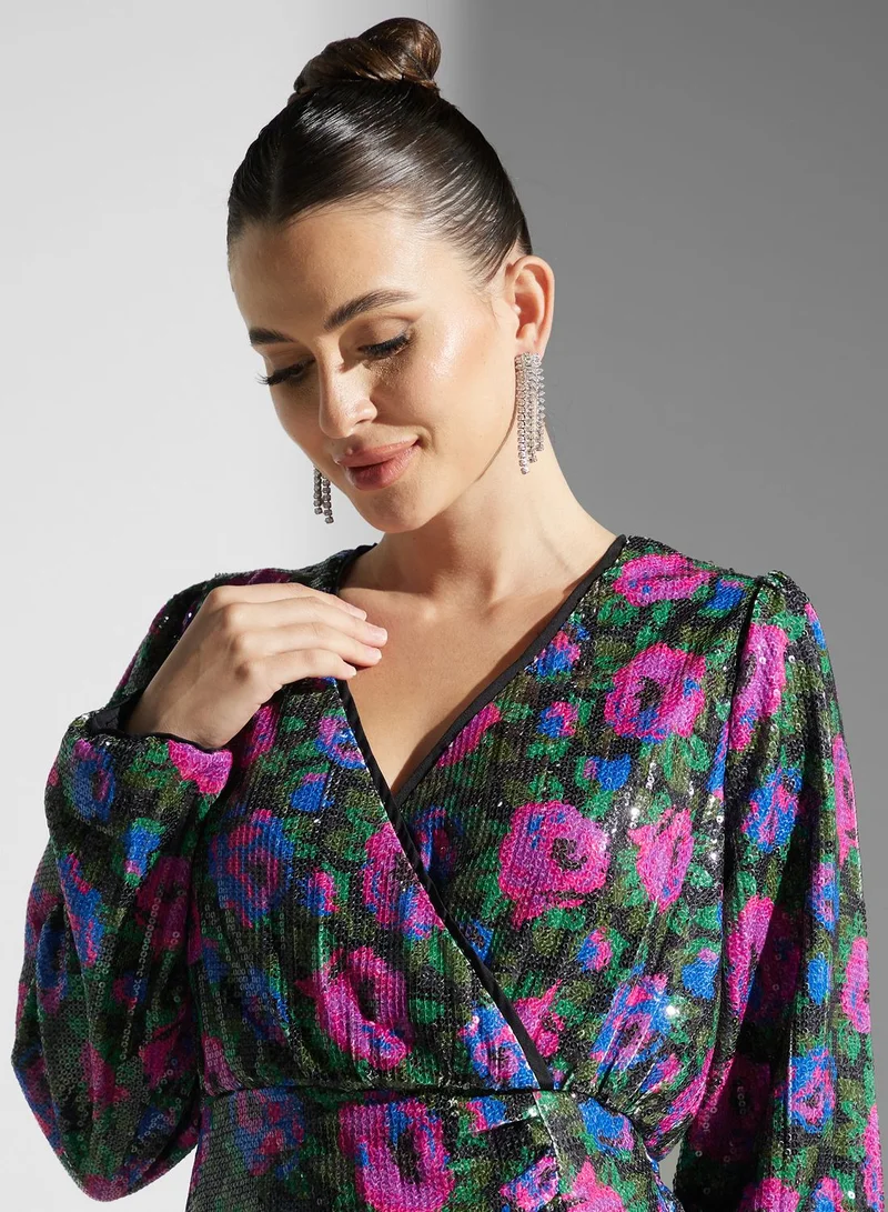 YAS Floral Sequin Mini Dress