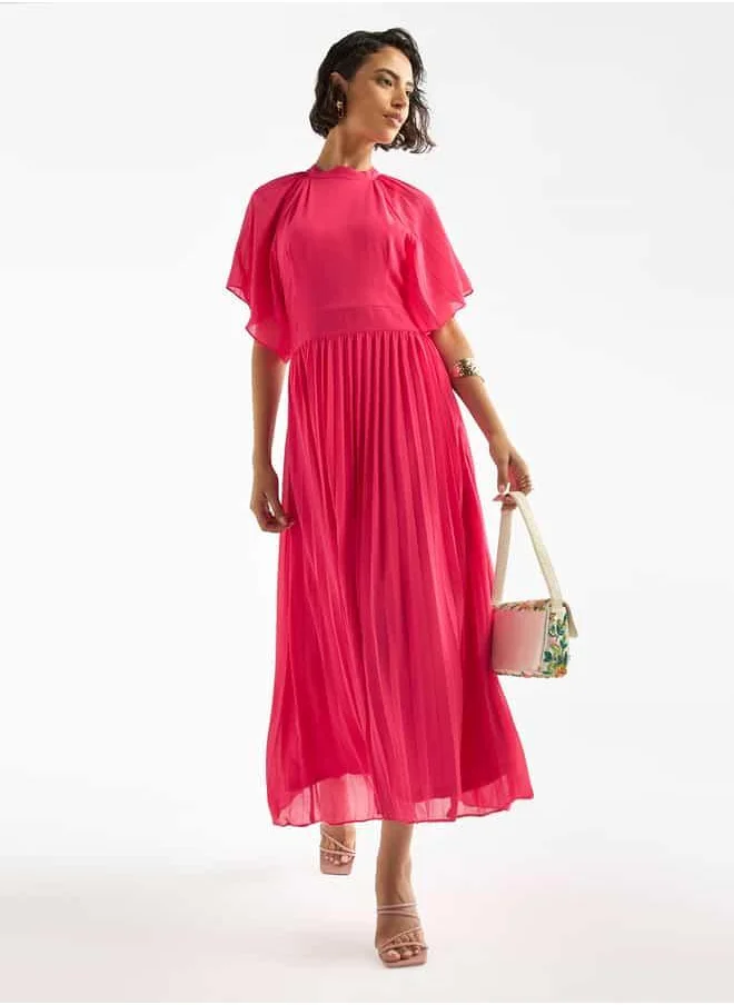 FAV Pleated Maxi Dress with Ruffle Sleeves