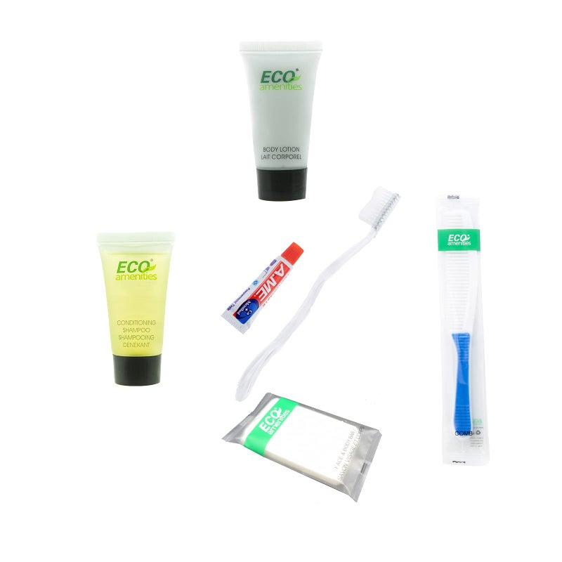 ECO amenities 6-Piece All-in-Kit-Soap-Body Lotion-Shampoo&Conditioner 2 in 1 -Toothbrush- Toothpaste-Hair Comb- Hotel Toiletries Bulk Guest Shower Bath Amenities