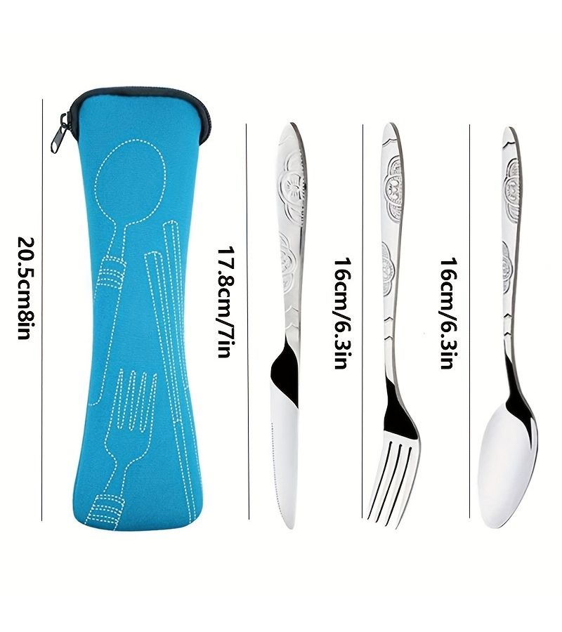 Black Flowers Portable Three Piece Stainless Steel Utensils Set Knife Fork Spoon for Camping - Image 3
