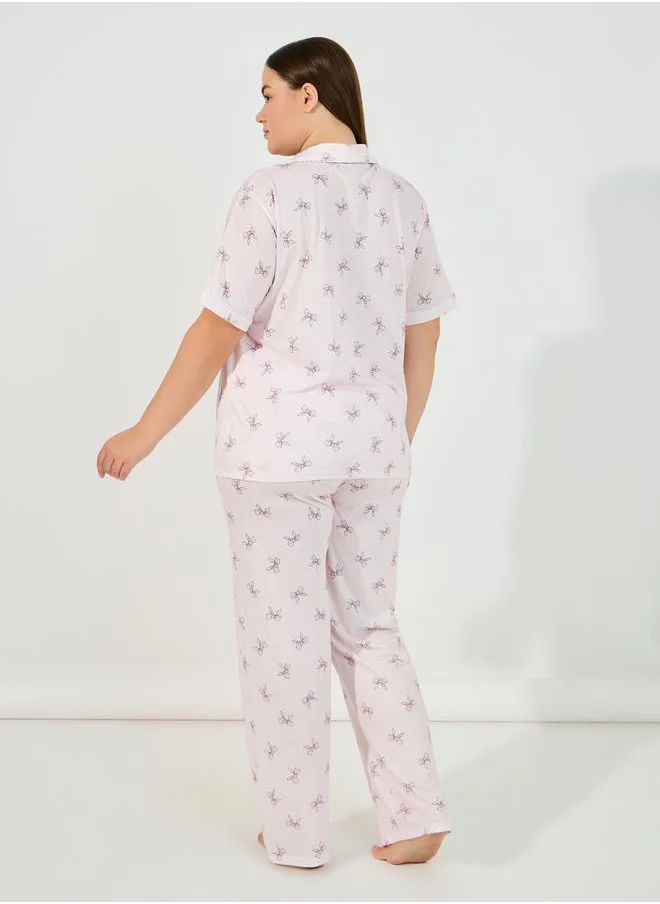 Styli Plus Size Mono Bow Print Shirt & Pyjama Set