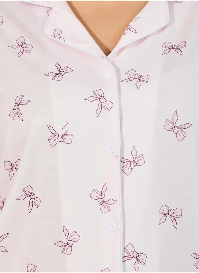 Styli Plus Size Mono Bow Print Shirt & Pyjama Set
