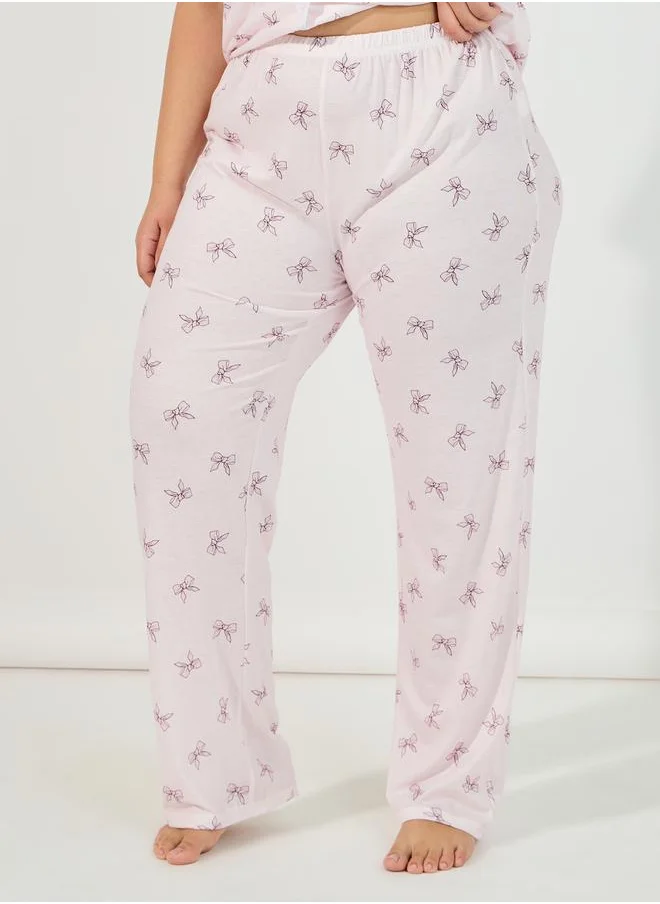 Styli Plus Size Mono Bow Print Shirt & Pyjama Set
