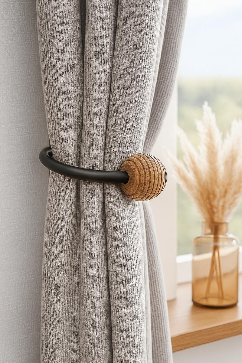 Colornest 2 Pcs Curtain Holdbacks| Metal Curtain Tiebacks with Wooden Ribbed Ball Finials | Decorative Wall Mounted Drapery Hooks for Living Room, Bedroom – Black - Image 5