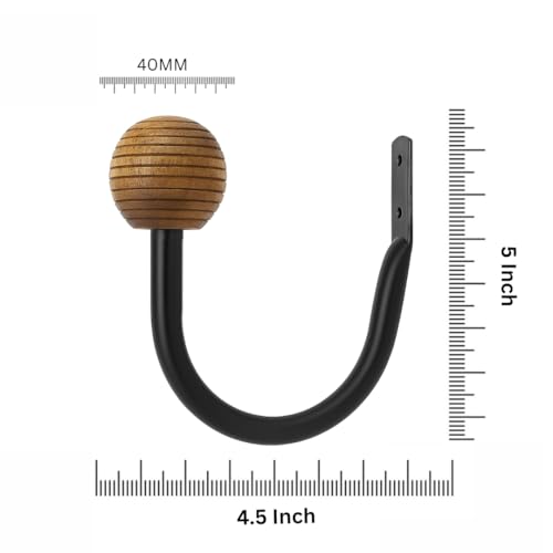 Colornest 2 Pcs Curtain Holdbacks| Metal Curtain Tiebacks with Wooden Ribbed Ball Finials | Decorative Wall Mounted Drapery Hooks for Living Room, Bedroom – Black - Image 3