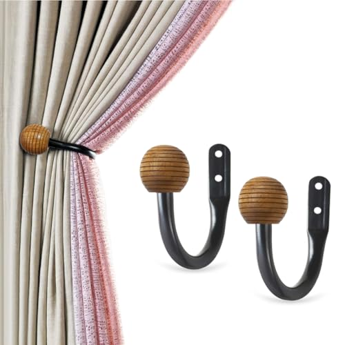 Colornest 2 Pcs Curtain Holdbacks| Metal Curtain Tiebacks with Wooden Ribbed Ball Finials | Decorative Wall Mounted Drapery Hooks for Living Room, Bedroom – Black - Image 1