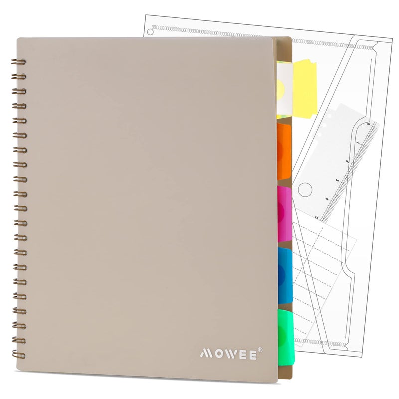 MOWEE 5 Subject Notebook - Spiral Notebook, College Ruled Notebook With Dividers Pocket, Tabs, 11" Ruler, 200 Pages, for Writing Journal, Home & Office, School Supplies, 8.5''x11'' CoCo Brown - Image 1