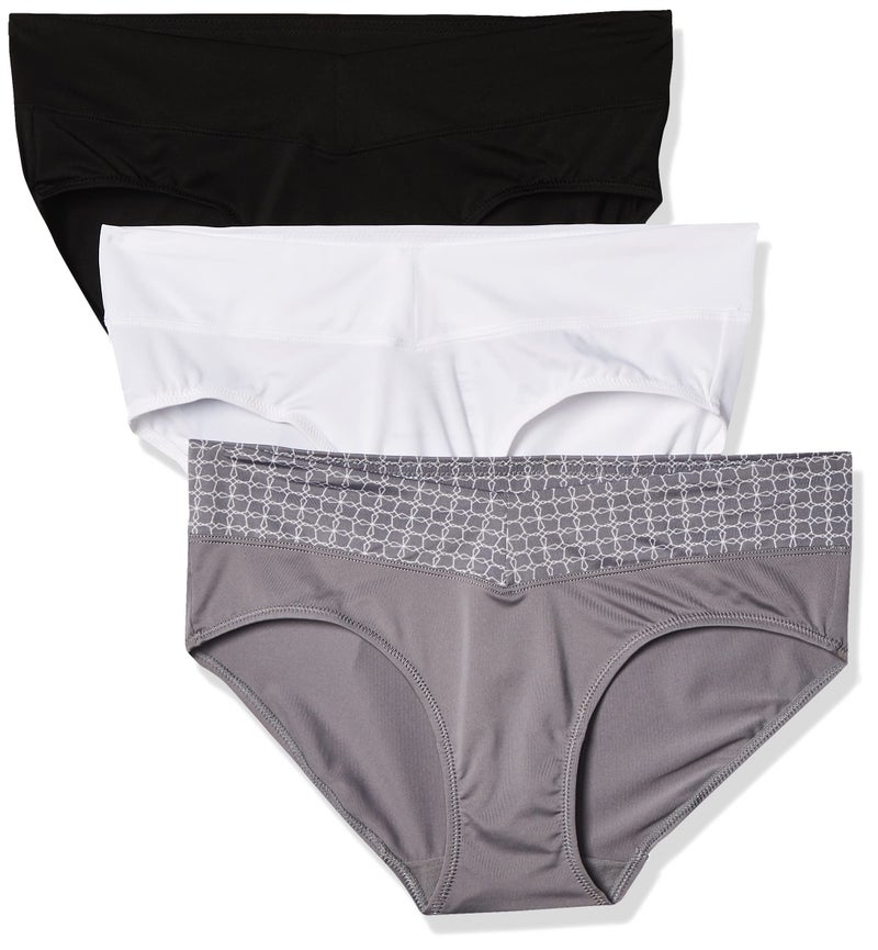 Warner's Women's Blissful Benefits No Muffin 3 Pack Hipster Panties, Black/White/Smoked Pearl w/Octagon Print Waistband, XL - Image 1