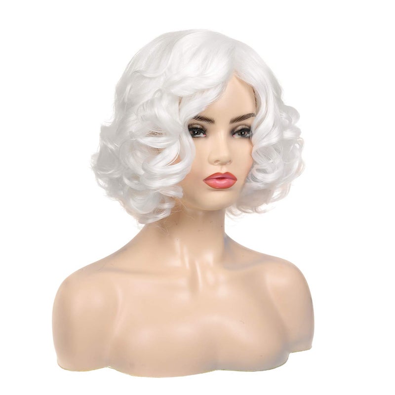 Baruisi Short Curly White Wig for Women Synthetic Natural Wavy Costume Wig for Cosplay Party - Image 5