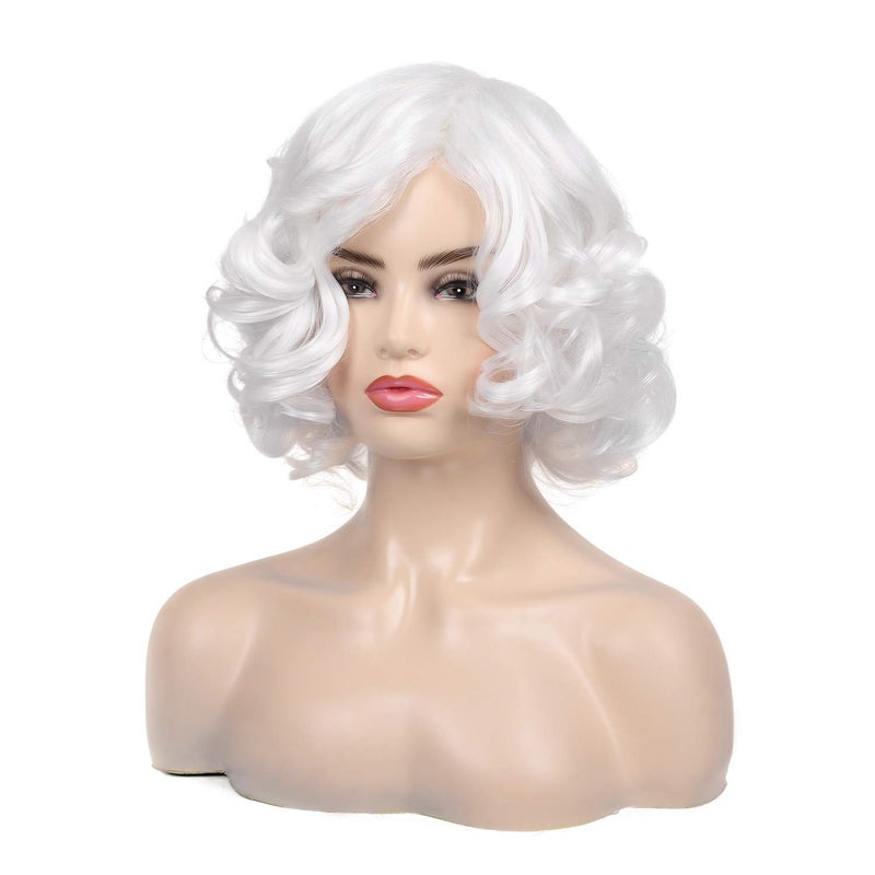 Baruisi Short Curly White Wig for Women Synthetic Natural Wavy Costume Wig for Cosplay Party - Image 1