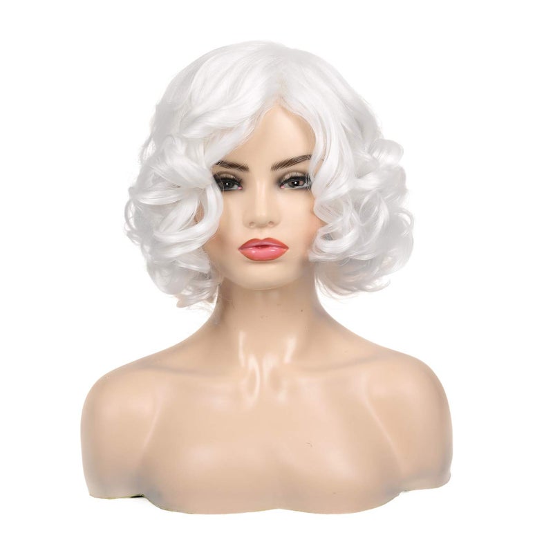 Baruisi Short Curly White Wig for Women Synthetic Natural Wavy Costume Wig for Cosplay Party - Image 3