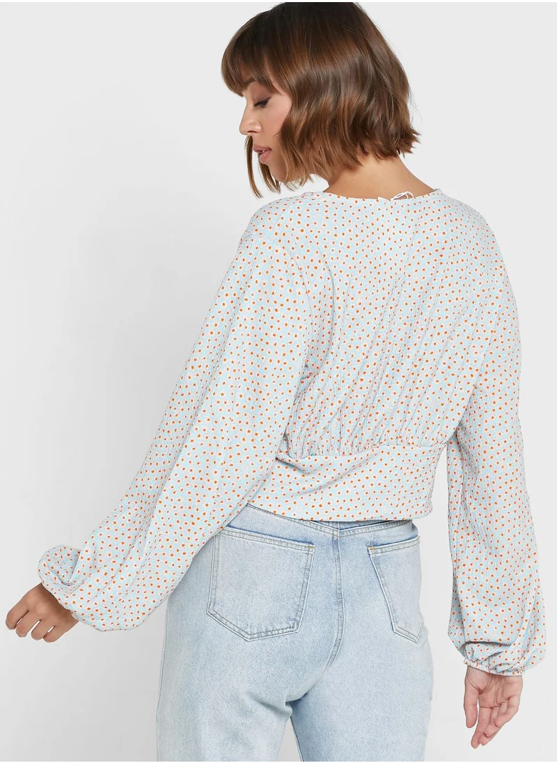 MONKI Plunge Neck Puff Sleeve Printed Top