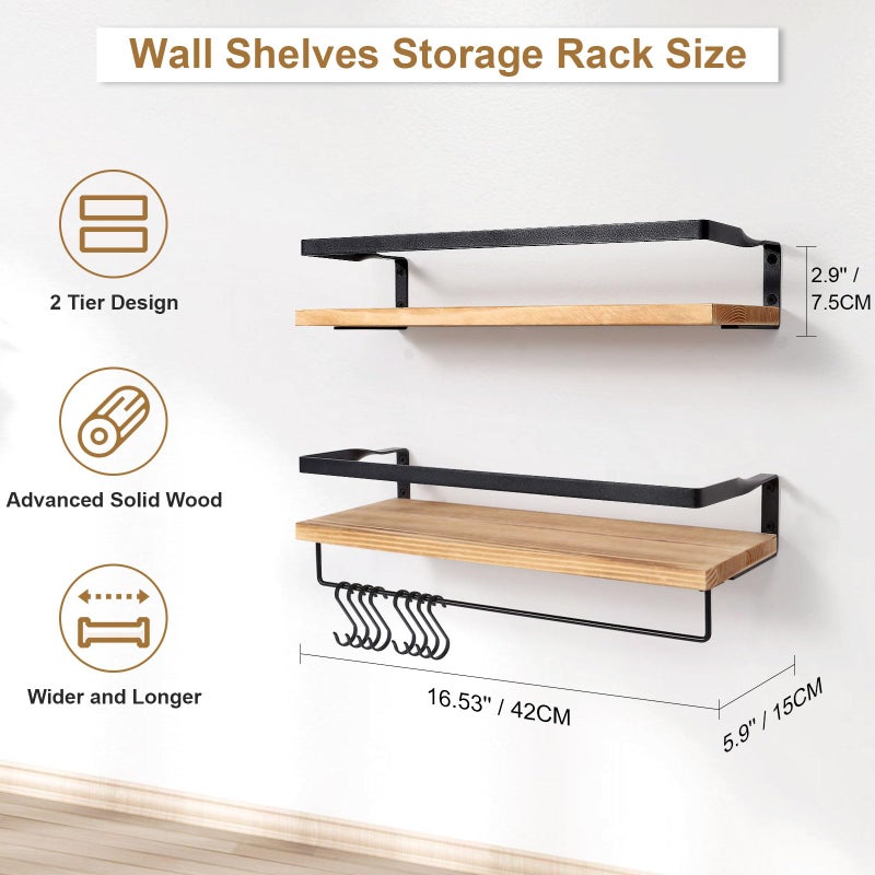 AGM Floating Shelves, 16.5 Inch Bathroom Shelf Set of 2, Wall Storage Shelf with Towel Bar & 8 Hooks, Wall Mounted Shelves for Bathroom, Bedroom, Kitchen, Living Room Decor - Image 5