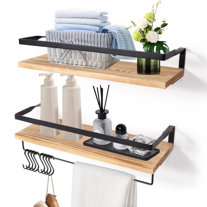 AGM Floating Shelves, 16.5 Inch Bathroom Shelf Set of 2, Wall Storage Shelf with Towel Bar & 8 Hooks, Wall Mounted Shelves for Bathroom, Bedroom, Kitchen, Living Room Decor - Image 1