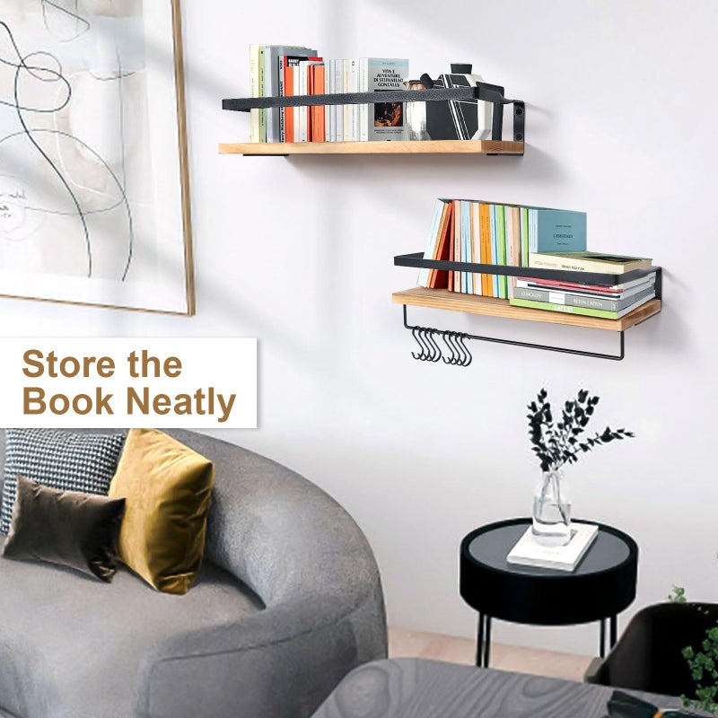 AGM Floating Shelves, 16.5 Inch Bathroom Shelf Set of 2, Wall Storage Shelf with Towel Bar & 8 Hooks, Wall Mounted Shelves for Bathroom, Bedroom, Kitchen, Living Room Decor - Image 4