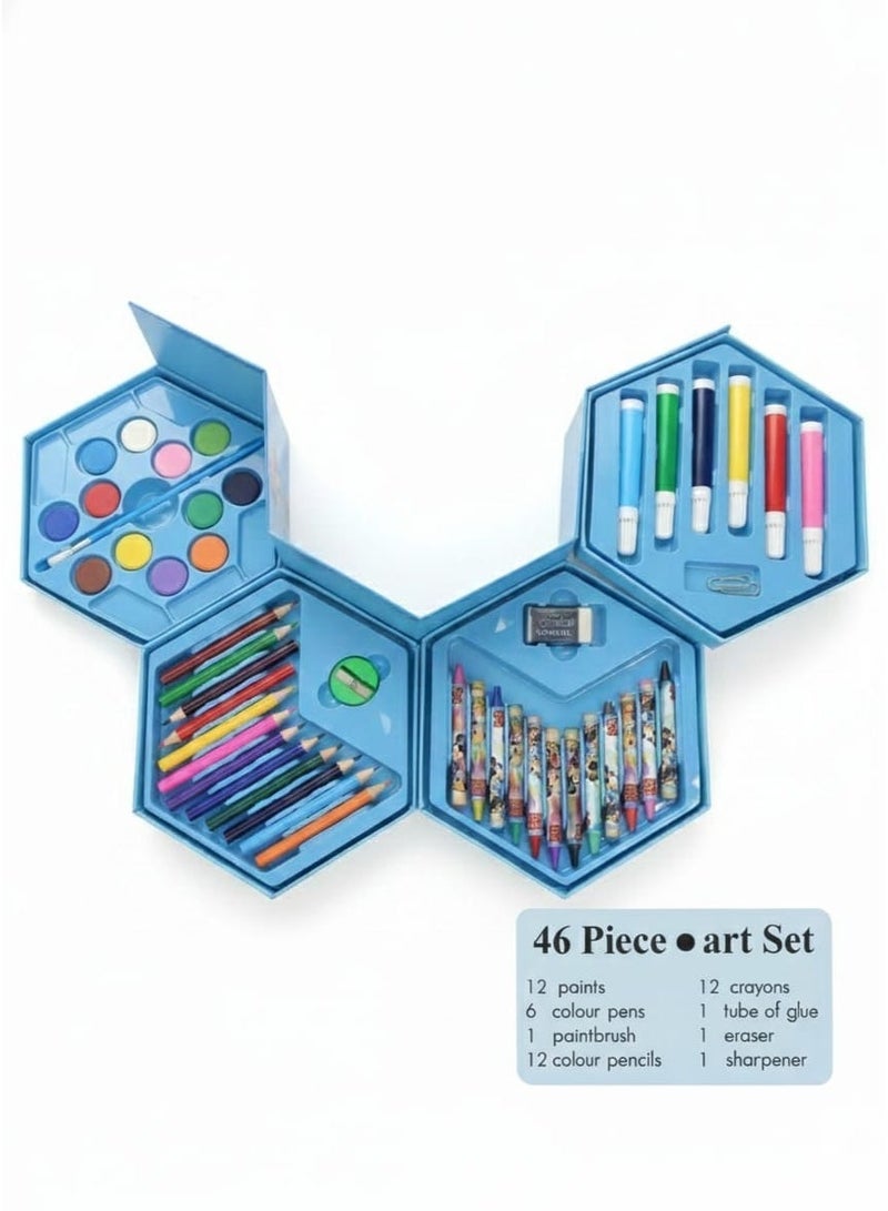 Spaceshoop 46 Piece Deluxe Art Set for Kids Hexagonal Tiered Coloring Kit with Watercolors Crayons and Markers Educational Gift Set for Boys and Girls Blue - Image 2