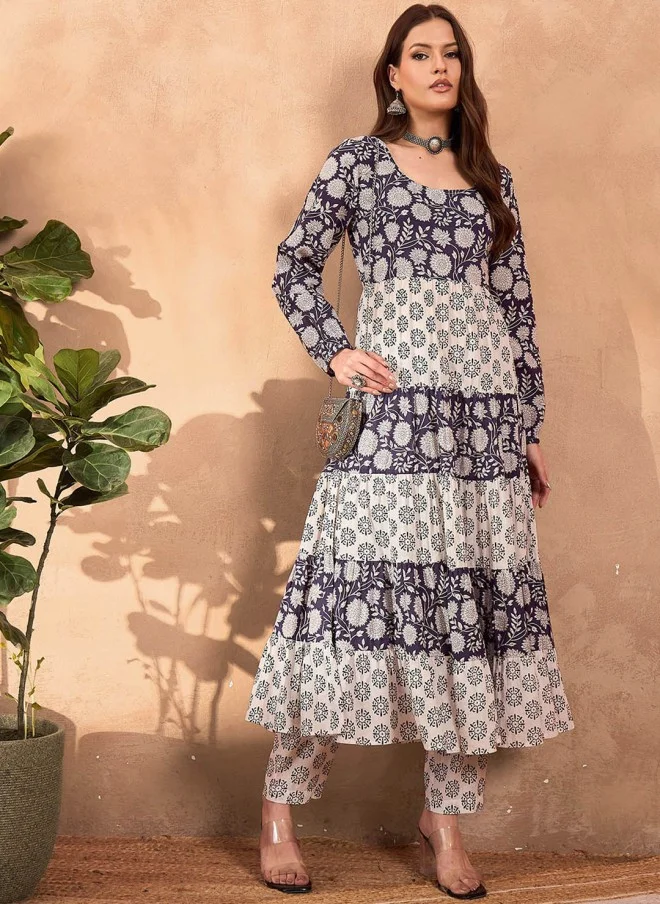Floral Printed Tiered A-Line Kurta With Trousers For Women