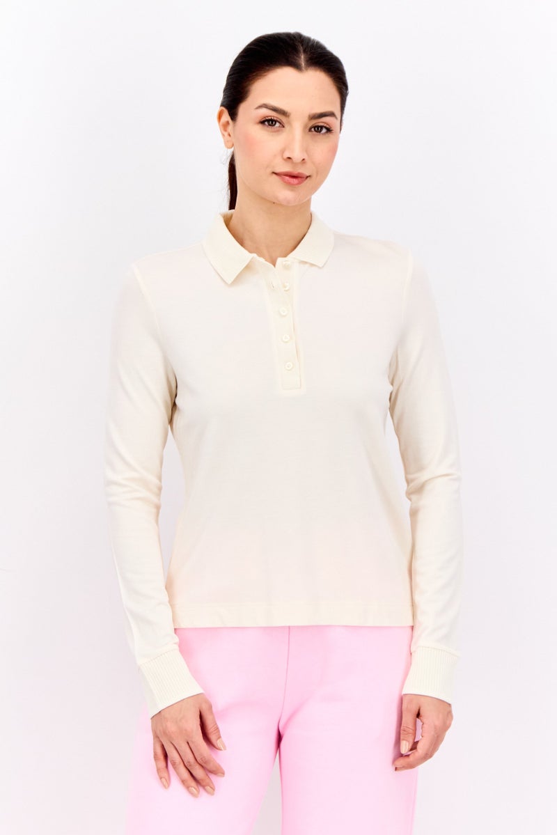 GANT Women Spread Collar Long Sleeves Solid Polo Shirt, Cream - Image 1