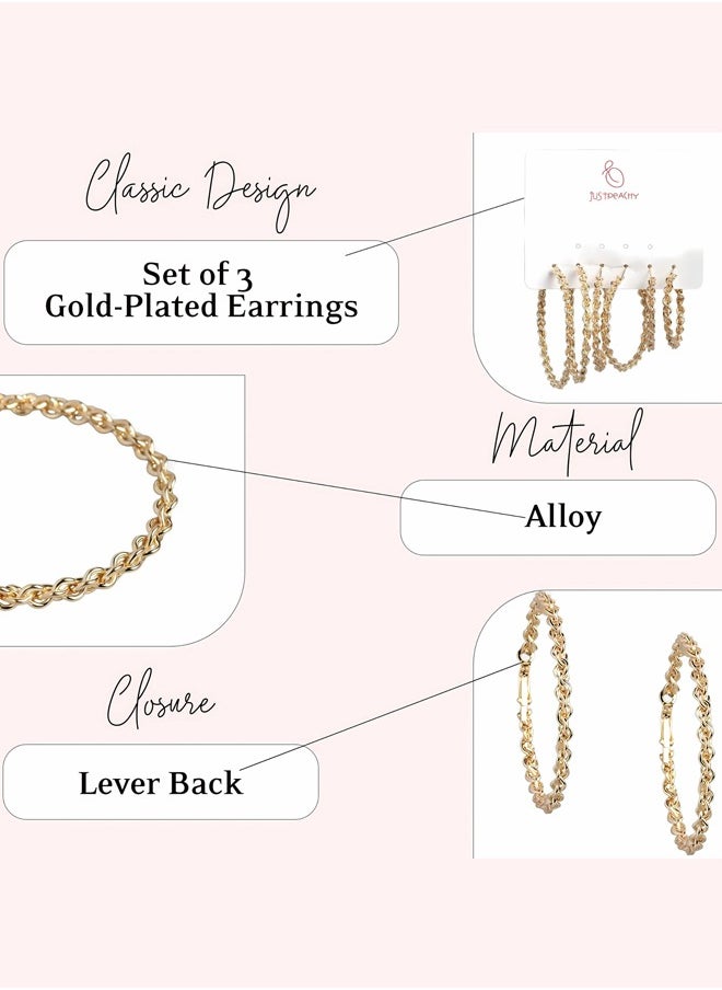 Just Peachy Just Peachy Set of 3 Gold Plated Earrings for Women, Versatile Collection Featuring Classic Studs, Hoop, Drop Designs, Perfect for Any Occasion, Ideal for Daily Wear or Special Events, Pack of 3  - Image 4