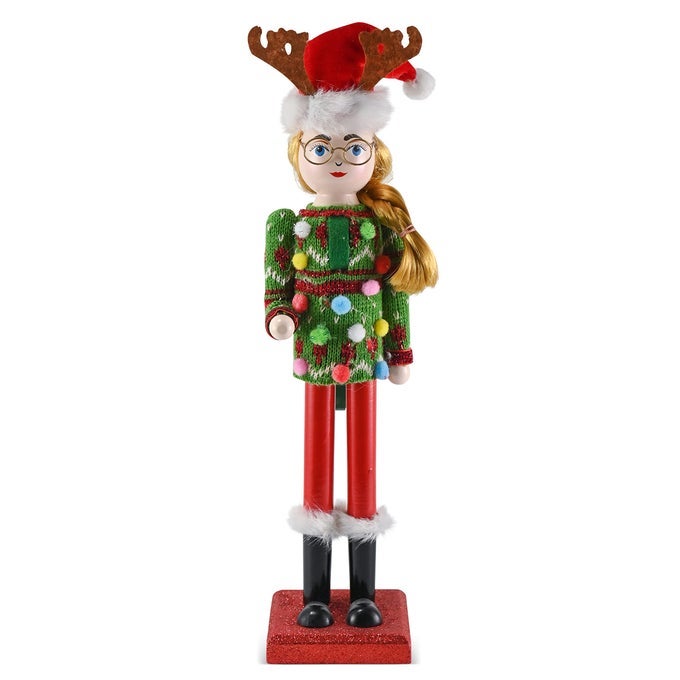 Christmas Ugly Sweater Nutcracker Red and Green Wooden Nutcracker Woman with an Ugly Sweater and Reindeer Hat Xmas Themed Holiday Nut Cracker Doll Figure Decorations 15