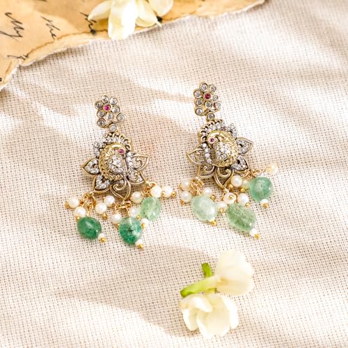 Rubans Women 22K Gold-Plated with Green Beads, Pearls & Cubic Zirconia Temple Jewellery Set - Image 3