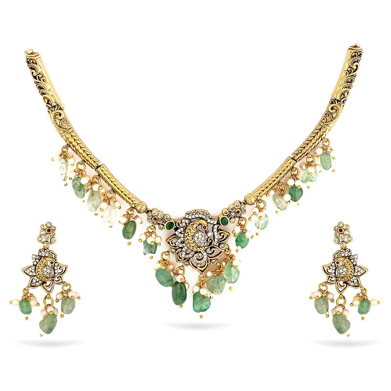 Rubans Women 22K Gold-Plated with Green Beads, Pearls & Cubic Zirconia Temple Jewellery Set - Image 5