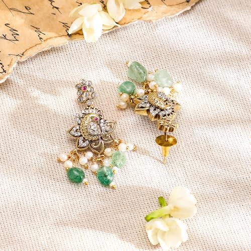 Rubans Women 22K Gold-Plated with Green Beads, Pearls & Cubic Zirconia Temple Jewellery Set - Image 4