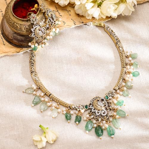 Rubans Women 22K Gold-Plated with Green Beads, Pearls & Cubic Zirconia Temple Jewellery Set - Image 2